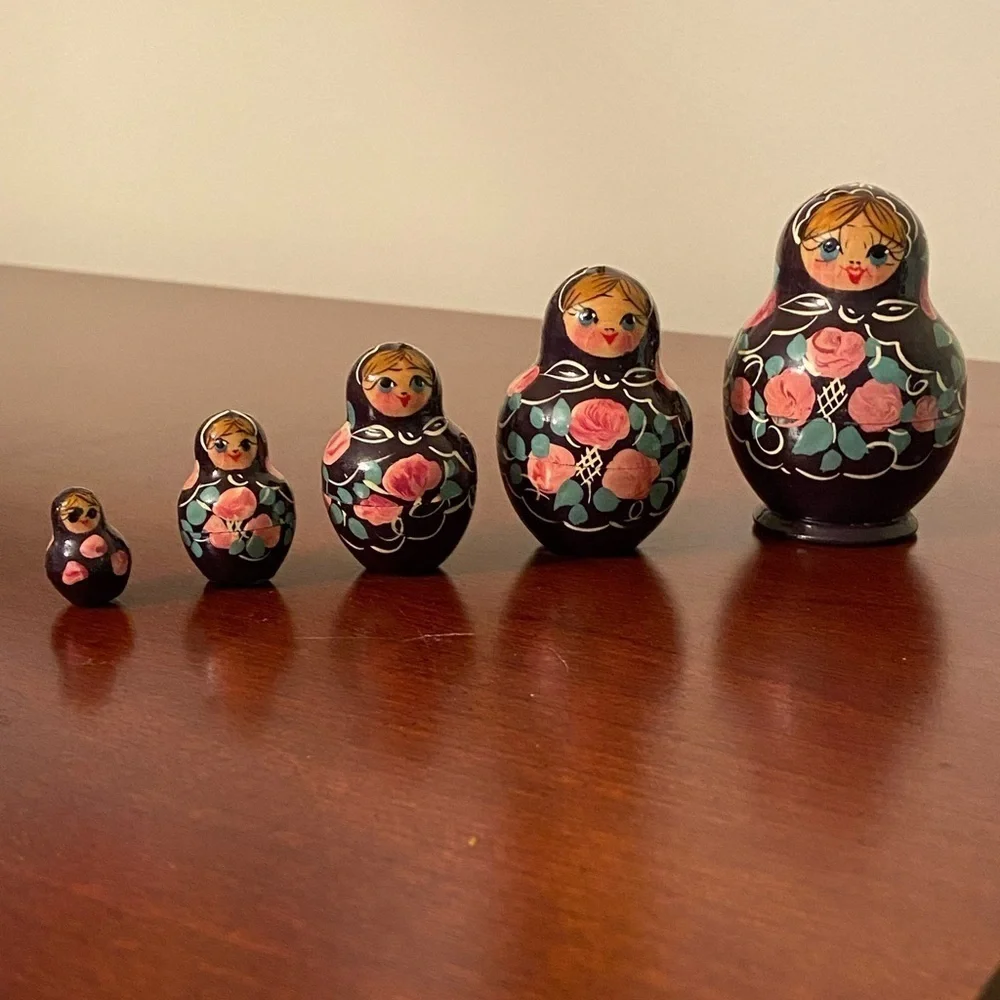 Lot of 2 Vintage Hand Painted Russian Matryoshka 5 piece set Nesting Dolls